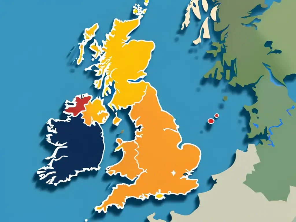 Mapa minimalista en alta resolución del Reino Unido y la Unión Europea, con frontera marcada