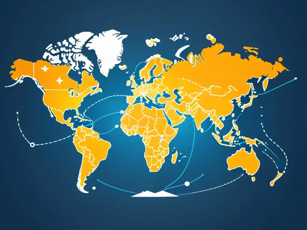 Mapa minimalista del mundo con rutas digitales, representando los desafíos del Customer Journey en el Comercio Electrónico Internacional