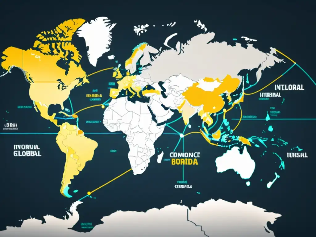 Mapa mundial en alta resolución con rutas comerciales y centros de ecommerce resaltados, ideal para investigación de mercado ecommerce transfronterizo