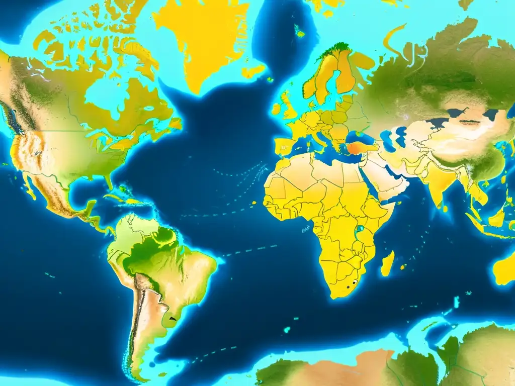 Mapa mundial detallado en blanco y negro, muestra fronteras, ciudades y rutas