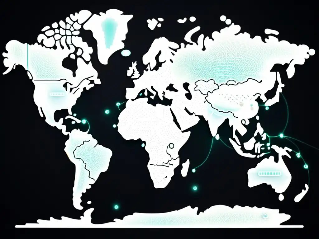 Mapa mundial detallado en circuitos digitales, simbolizando la globalización y la adaptación de productos, con iluminación sofisticada