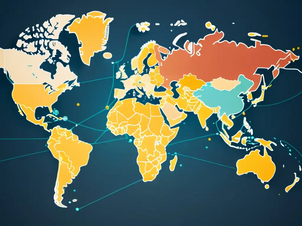 Mapa mundial detallado en 8k con líneas interconectadas que representan tendencias de consumo mundial y estrategias de eCommerce