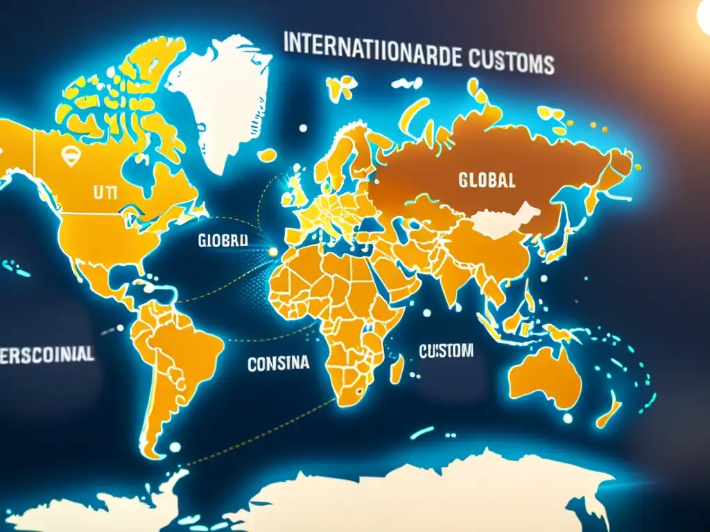 Mapa mundial detallado en 8k con rutas comerciales, iconos minimalistas y regulaciones aduaneras comercio electrónico