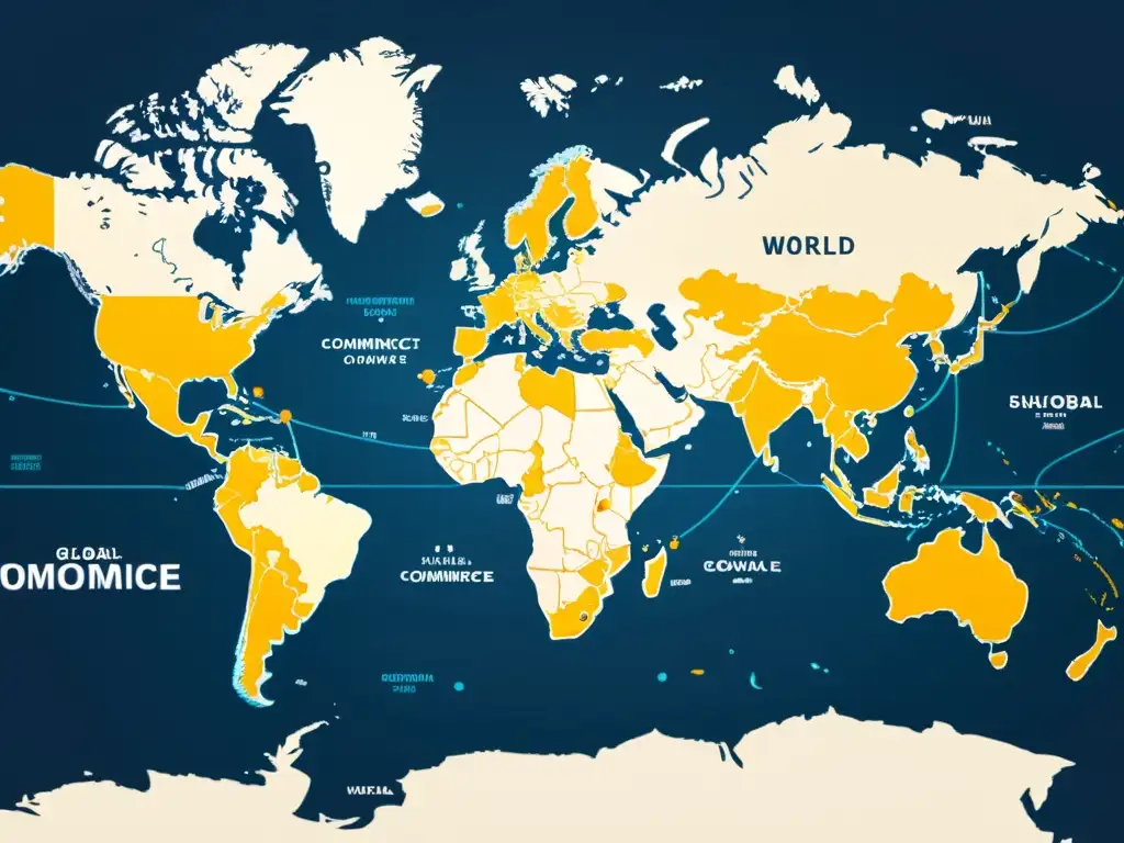 Mapa mundial detallado resaltando rutas comerciales y centros económicos, exhibiendo el impacto geopolítico en el ecommerce