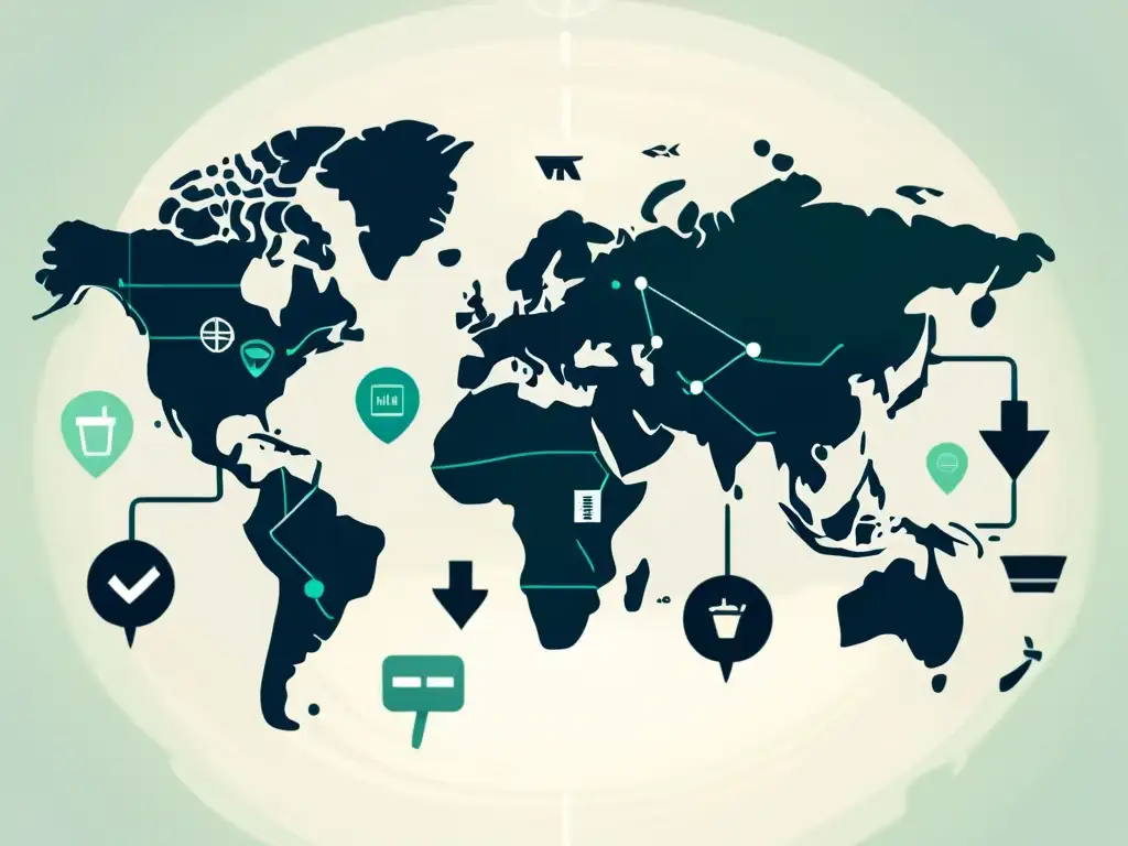 Mapa mundial digital con íconos de transacciones, reflejando la complejidad de impuestos digitales y el comercio electrónico global