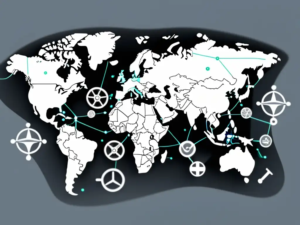 Mapa mundial en gris con líneas interconectadas, símbolos de monedas y carritos de compra digitales en colores vibrantes