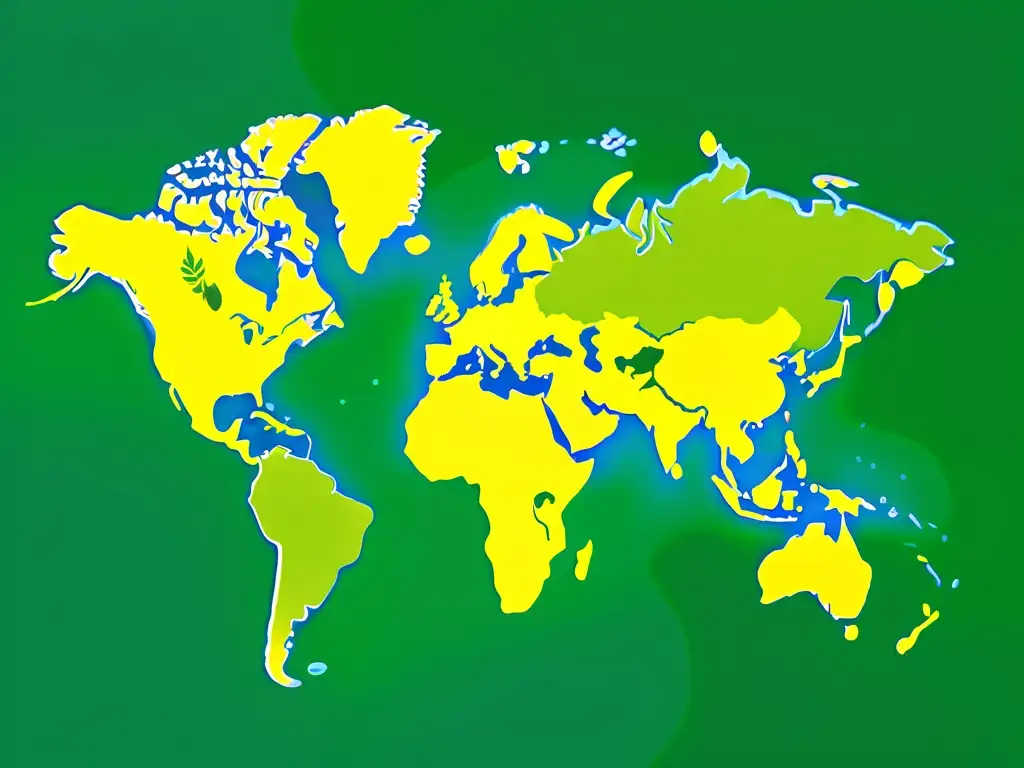 Mapa mundial de hojas verdes, prácticas ecológicas envío internacional ecommerce, conexión y armonía sostenible