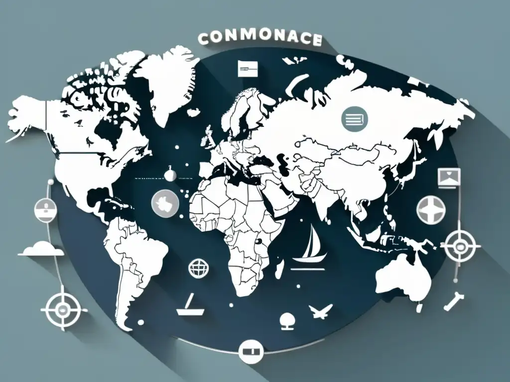 Mapa mundial con íconos de comercio electrónico, evocando el posicionamiento en mercado internacional eCommerce