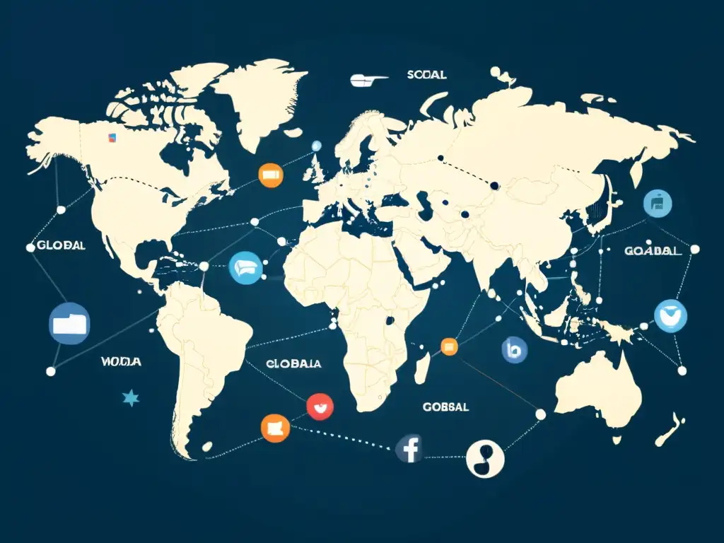 Mapa mundial de iconos de redes sociales conectados, representando transacciones de eCommerce y conexiones globales