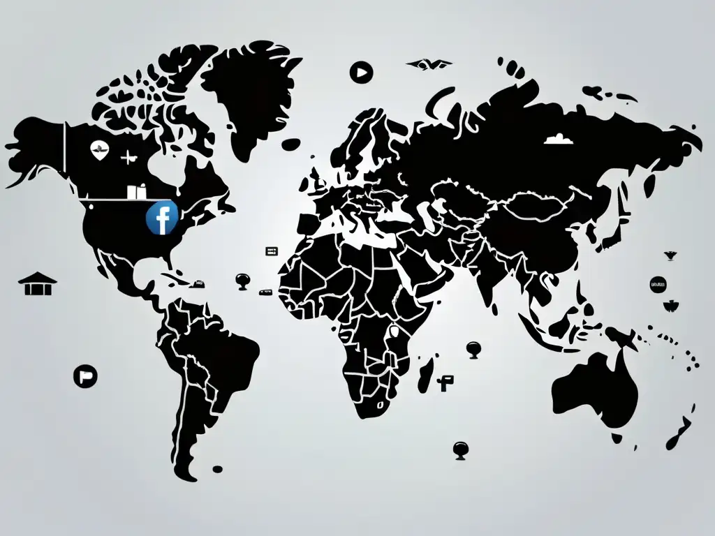 Mapa mundial de iconos de redes sociales, conectando marcas globalmente