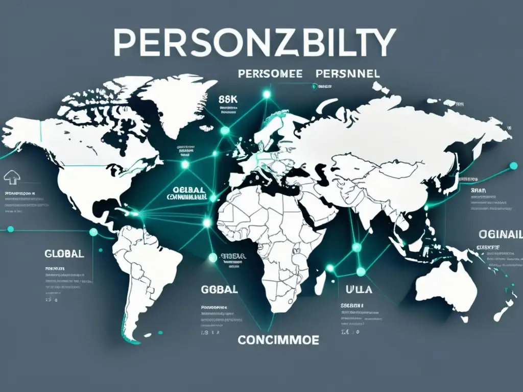 Mapa mundial interconectado de tendencias consumo y estrategia eCommerce con nodos de palabras clave impactantes en diseño minimalista y moderno en tonos monocromáticos