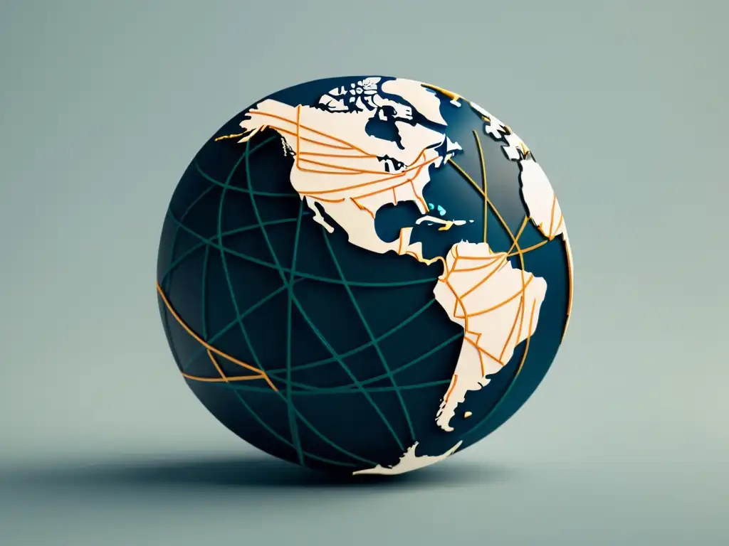 Mapa mundial con líneas de comercio internacional, en tonos suaves