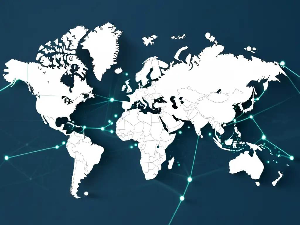 Mapa mundial con líneas interconectadas, datos y gráficos