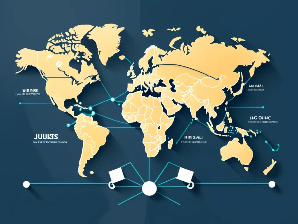 Mapa mundial con líneas interconectadas y documentos legales, representa desafíos legales comercio electrónico internacional