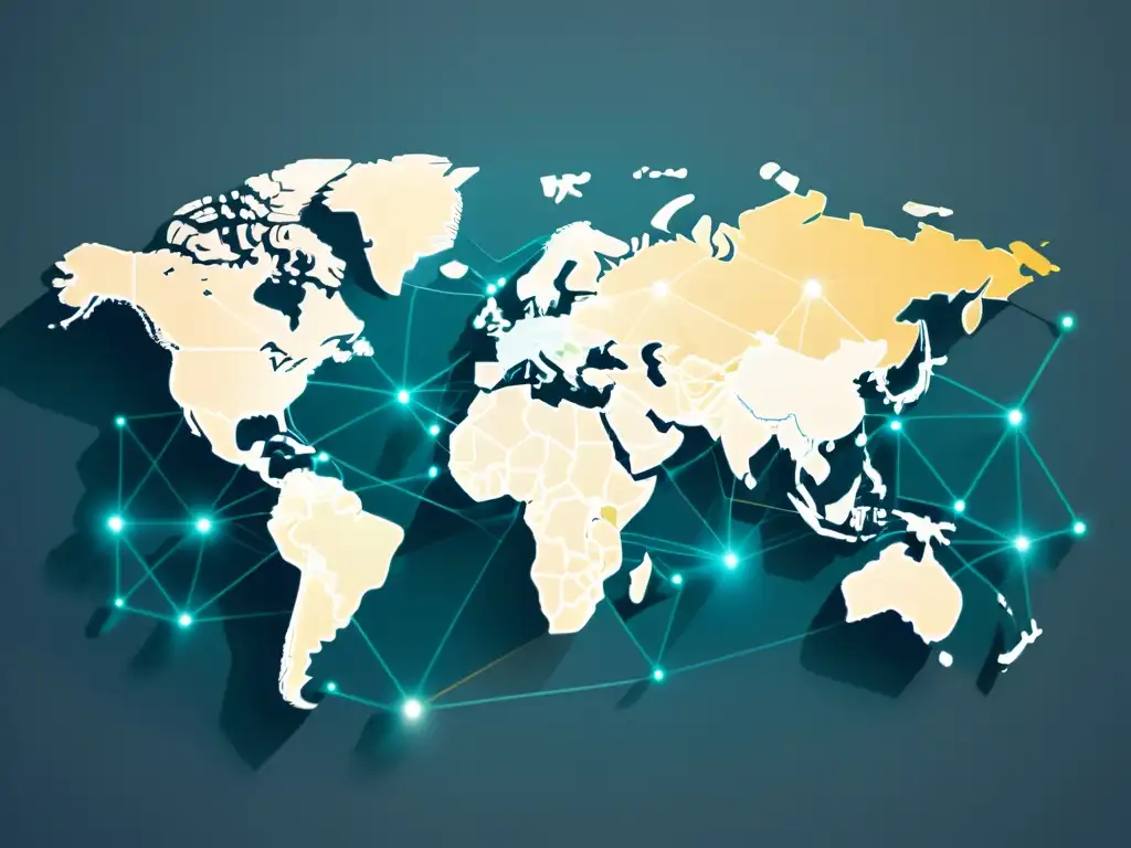 Mapa mundial con líneas y nodos conectados, representando el papel del ecommerce en globalización con colores vibrantes y formas geométricas sutiles