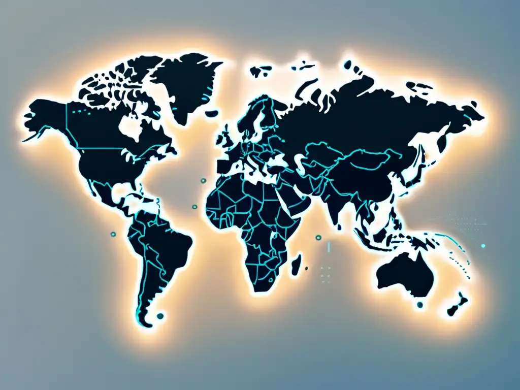 Mapa mundial minimalista de alta resolución mostrando transacciones de ecommerce internacionales, representando la interconexión global