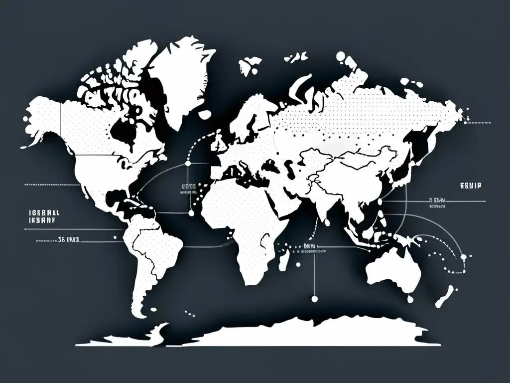 Mapa mundial minimalista en blanco y negro con líneas punteadas que conectan países, simbolizando rutas internacionales de dropshipping