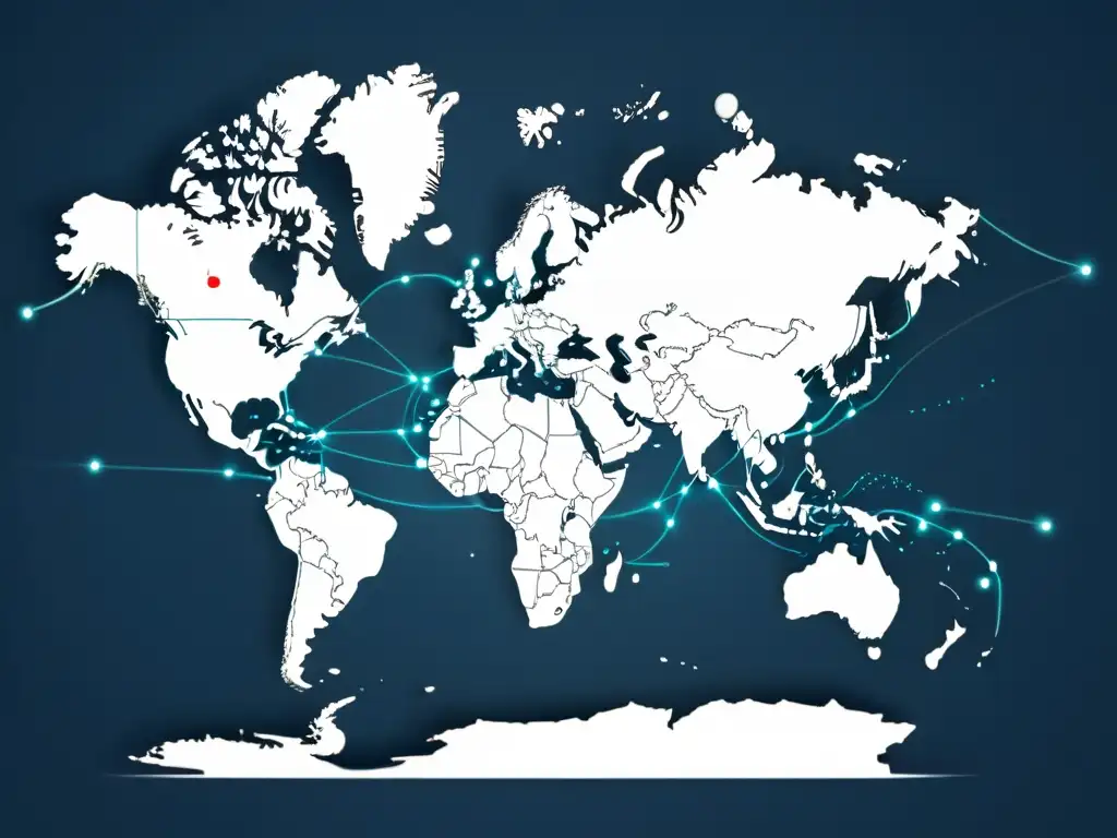 Mapa mundial minimalista mostrando conexiones de expansión global ecommerce