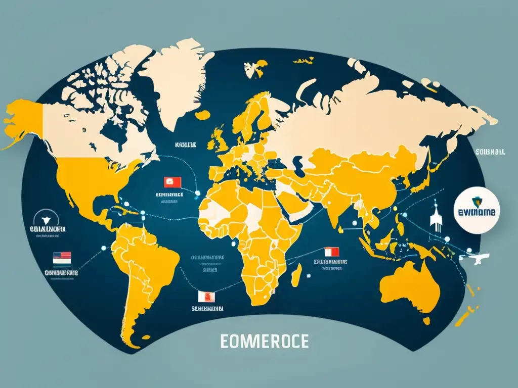 Mapa mundial minimalista con líneas de comercio, íconos de transacciones y acuerdos comerciales en el ecommerce, transmitiendo profesionalismo y experiencia en el comercio internacional