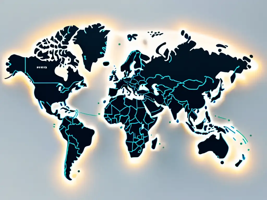 Un mapa mundial minimalista con líneas interconectadas que representan sistemas de pago internacionales en una tienda virtual