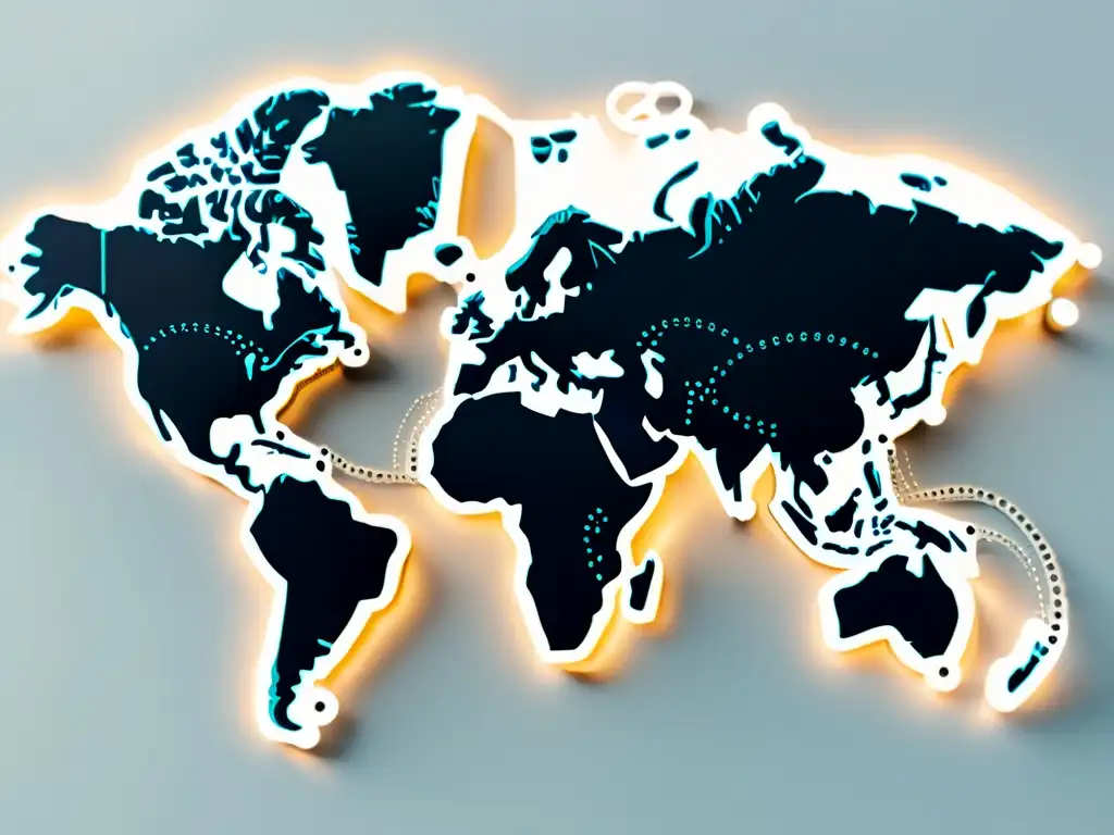 Mapa mundial minimalista con líneas punteadas que conectan países, simbolizando regulaciones internacionales de comercio electrónico