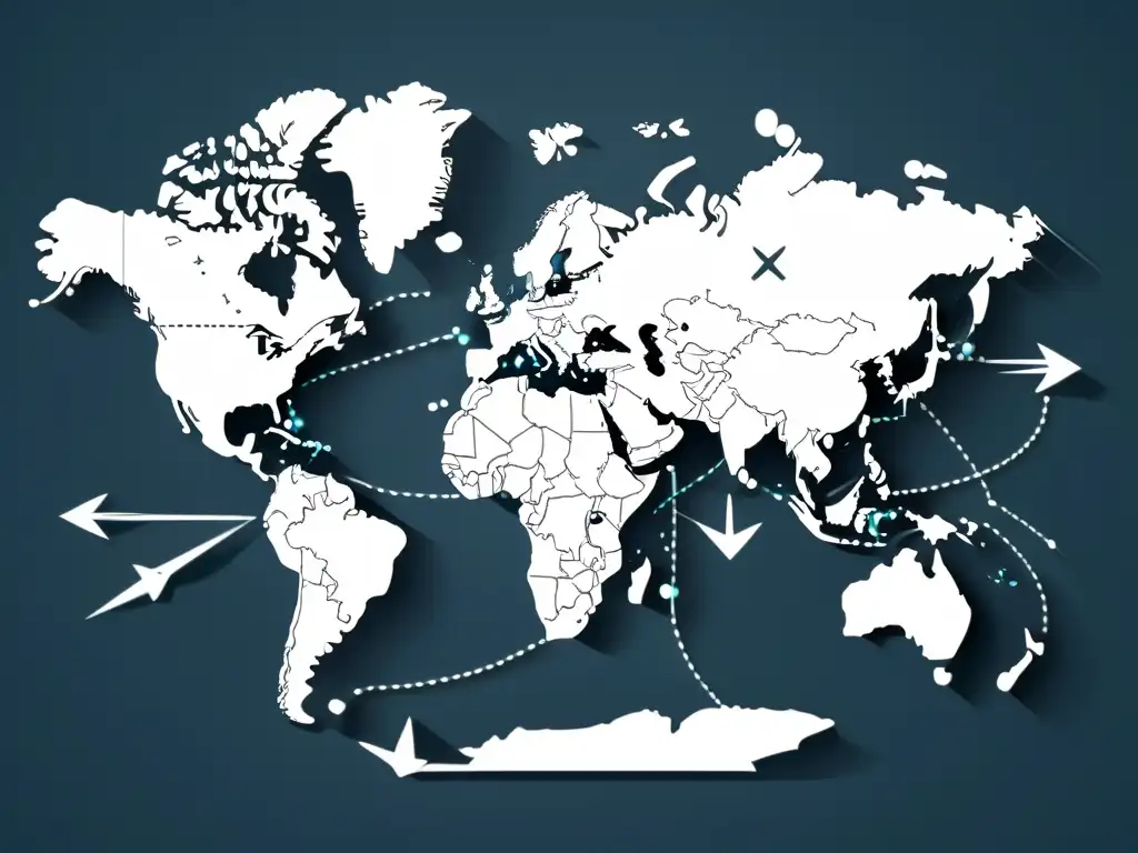 Mapa mundial minimalista con líneas punteadas y flechas conectando países, simbolizando modelos de negocio dropshipping internacional