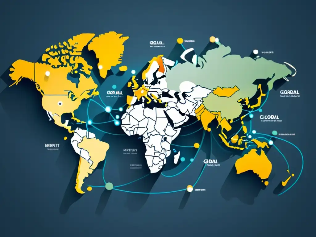 Mapa mundial minimalista con nodos conectados, representando la personalización experiencia cliente mercado global en tonos sofisticados