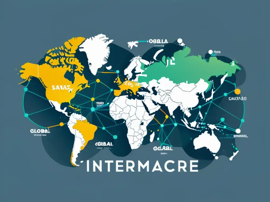 Un mapa mundial minimalista con nodos interconectados representando mercados de ecommerce internacionales, transmitiendo la idea de interconexión global y el potencial de éxito en estrategias de precios ecommerce internacional