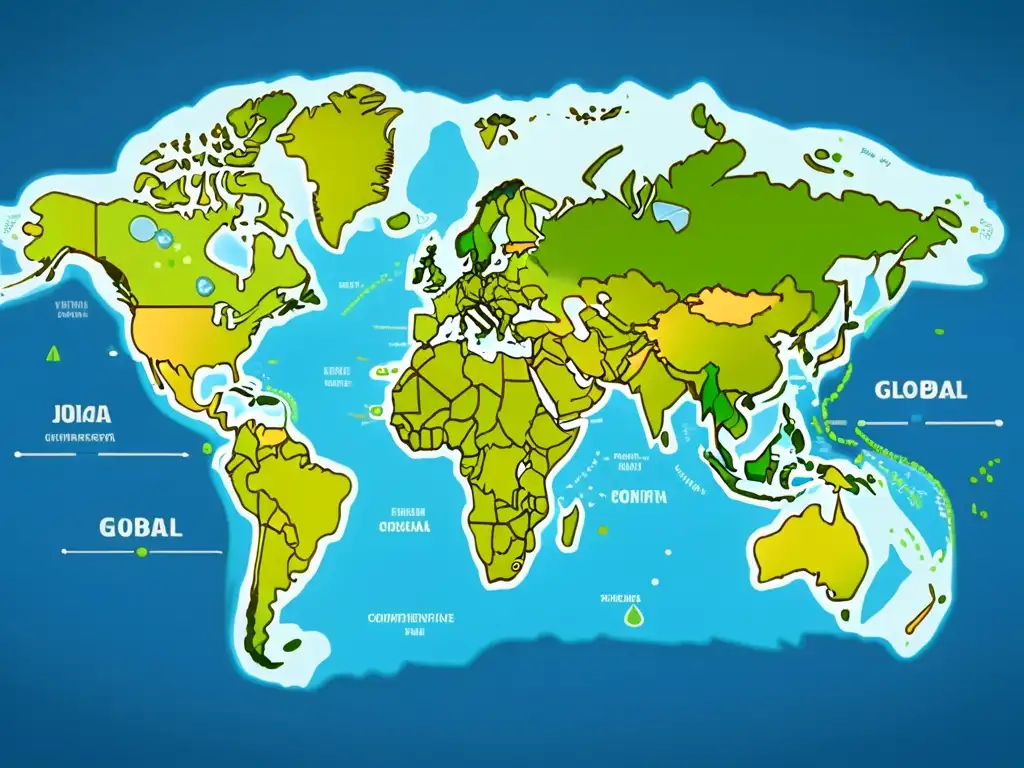 Un mapa mundial minimalista destaca países en tonos azules y verdes, representando la aventura del ecommerce transfronterizo