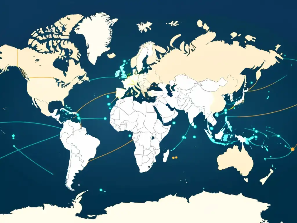 Mapa mundial minimalista resaltando rutas de envío internacionales y centros comerciales clave, evocando tarifas envío internacionales competitivas