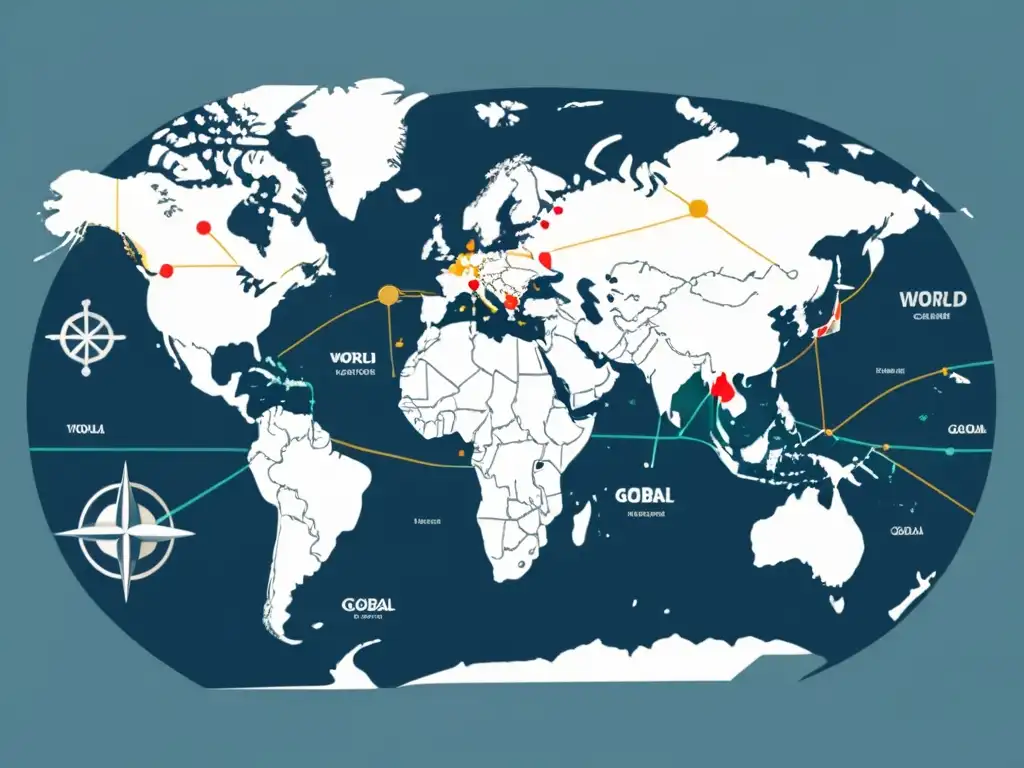 Mapa mundial minimalista con rutas de ecommerce interconectadas, símbolos geopolíticos sutiles