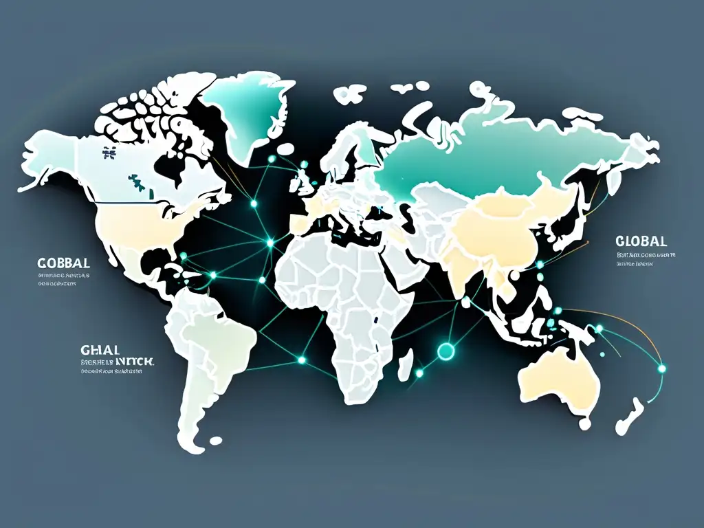 Mapa mundial minimalista con rutas e interconexiones de la cadena de suministro global en tonos suaves