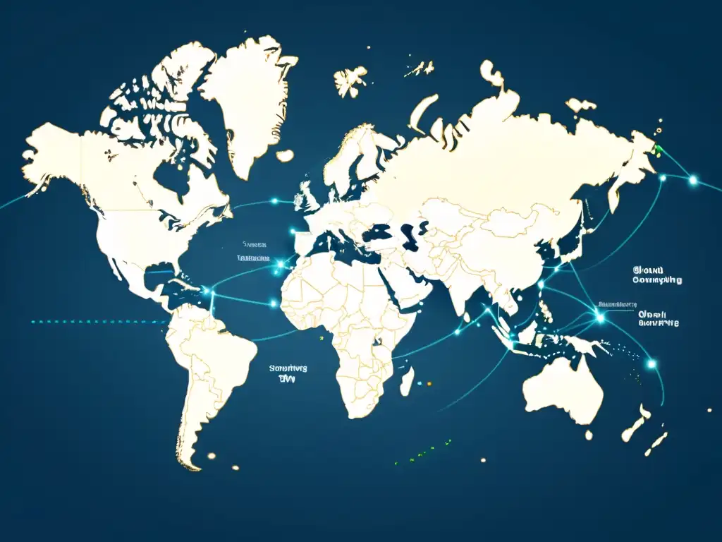 Un mapa mundial minimalista muestra rutas de envío internacionales, conectando destinos de dropshipping