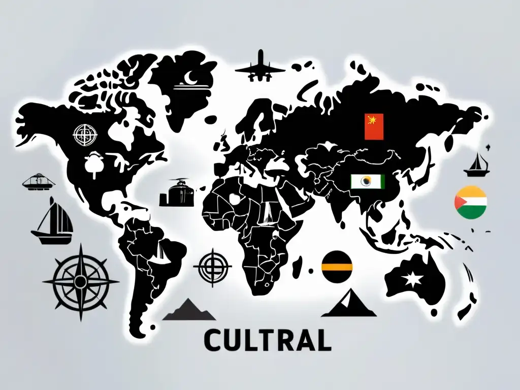 Mapa mundial minimalista con símbolos culturales, destacando la diversidad en la personalización ecommerce internacionales diferencias culturales