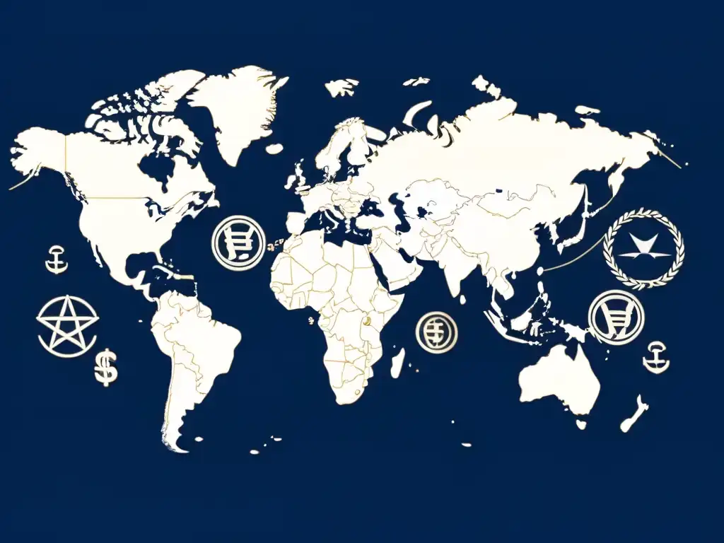 Un mapa mundial minimalista con símbolos de monedas, representando la influencia económica global del ecommerce