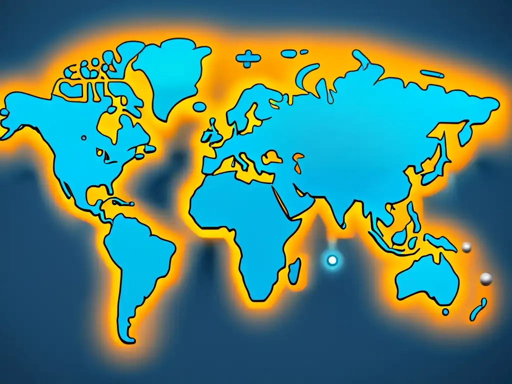 Un mapa mundial minimalista en tonos de azul y gris con líneas y nodos interconectados, superpuesto con iconos translúcidos de productos minoristas