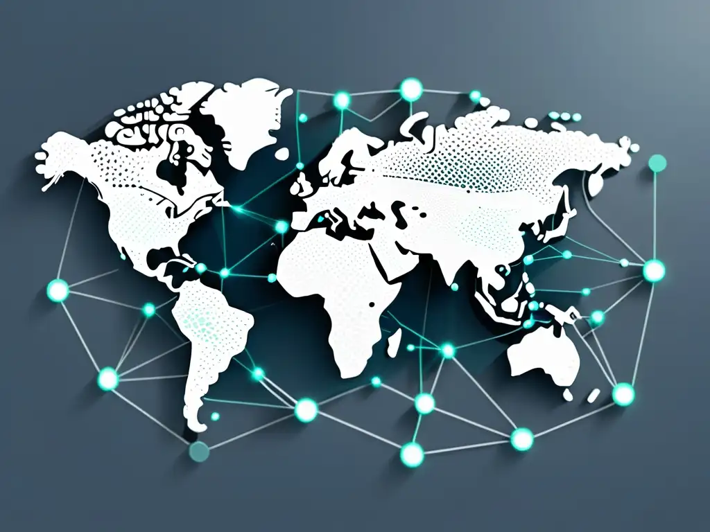 Mapa mundial con nodos interconectados representa transacciones de seguridad ecommerce transfronterizo