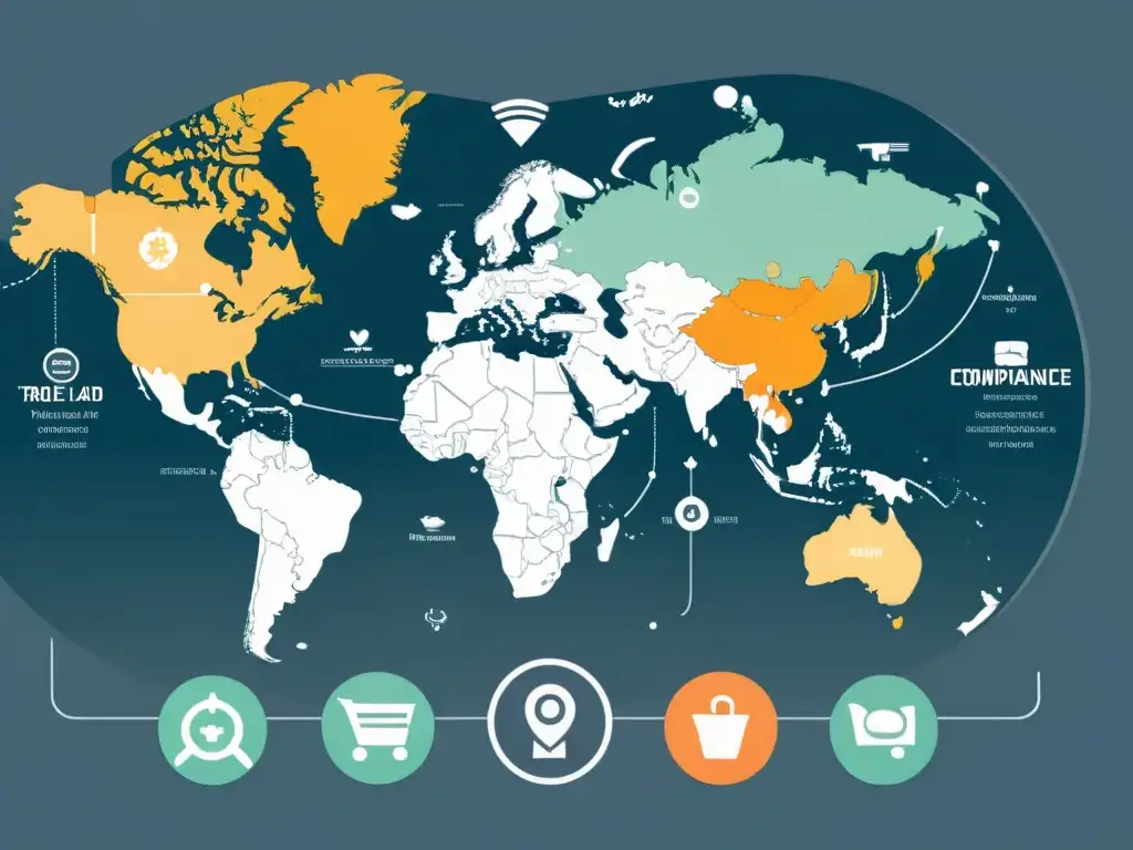 Mapa mundial detallando regulaciones internacionales ecommerce productos salud con iconos modernos, en una paleta de colores suaves y líneas nítidas