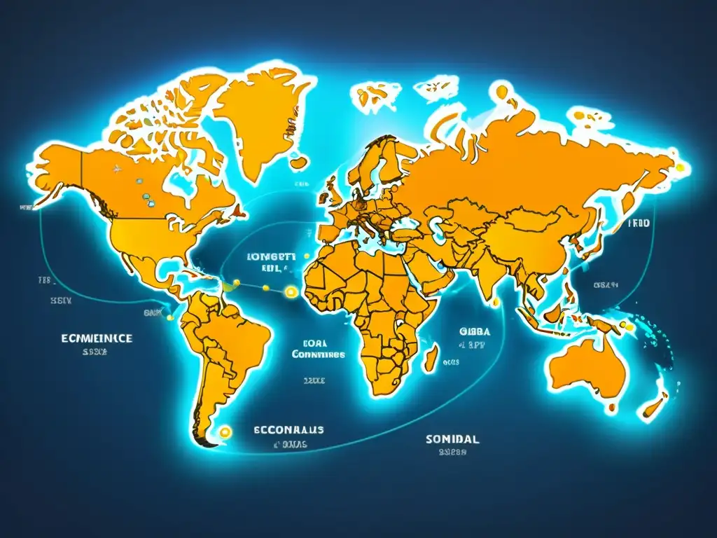 Mapa mundial destacando rutas comerciales internacionales y centros de comercio electrónico, reflejando la complejidad del Customer Journey en el Comercio Electrónico Internacional