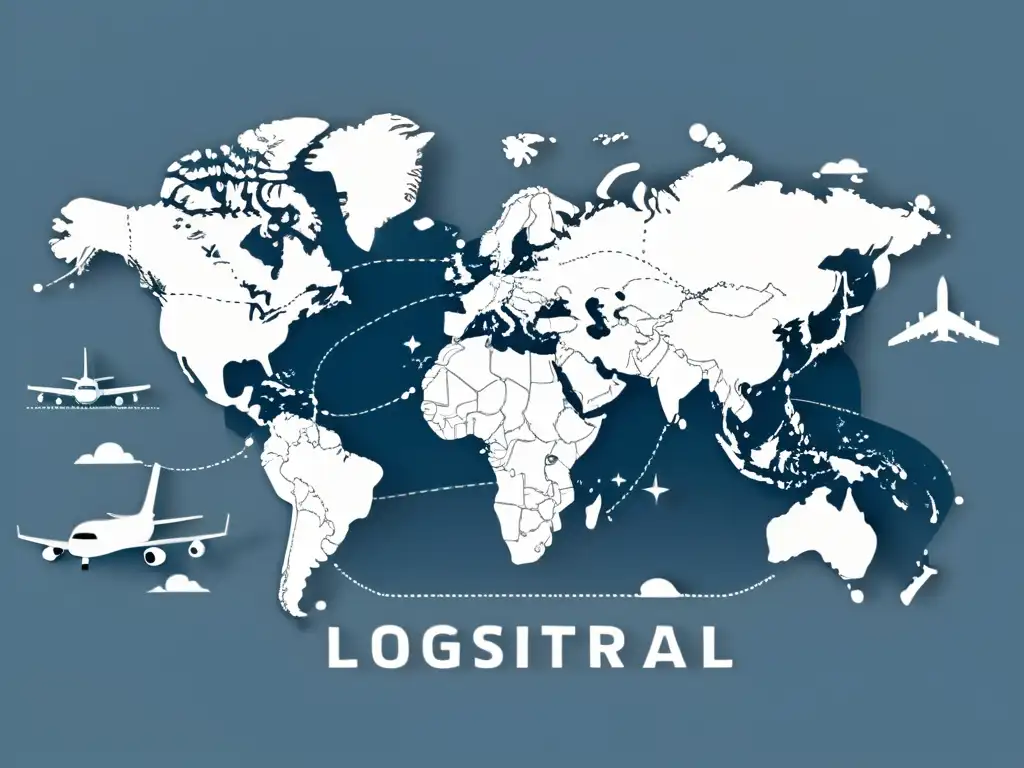 Mapa mundial con rutas de envío, iconos de barcos y aviones