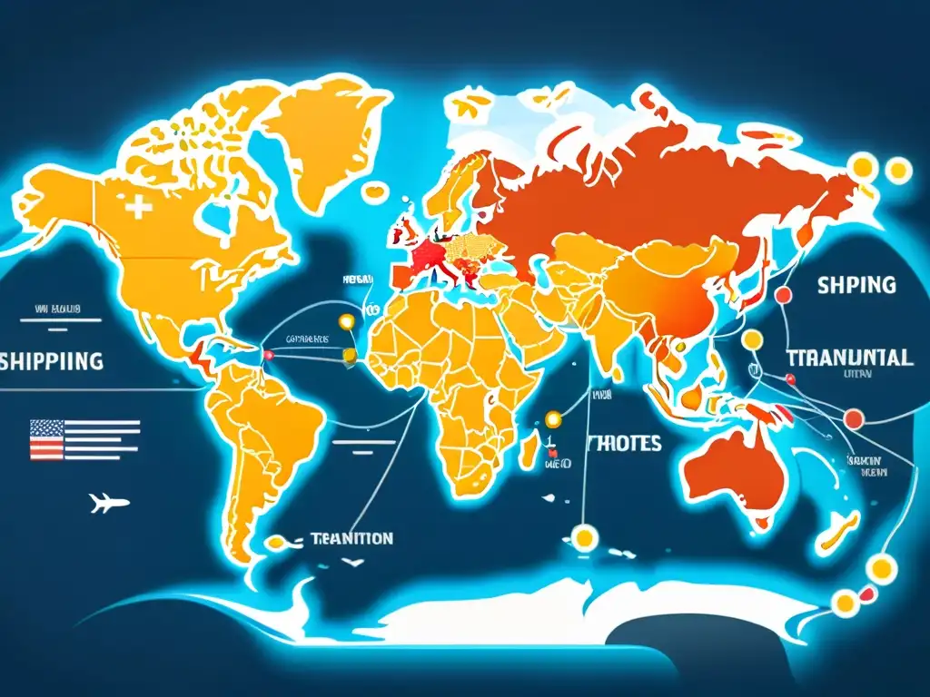 Mapa mundial con rutas de envío resaltadas entre ciudades internacionales, iconos minimalistas de transporte