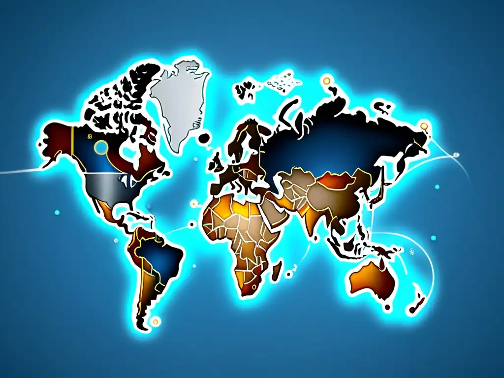 Mapa mundial en tonos azules y grises con líneas punteadas que conectan países, simbolizando conexiones de ecommerce internacional