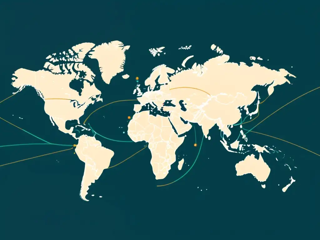 Un mapa mundial en tonos tierra muestra la integración global y local en Ecommerce con líneas conectadas