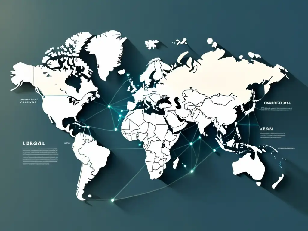 Mapa mundial en tonos suaves con nodos interconectados y documentos legales, reflejando los desafíos legales del comercio electrónico internacional