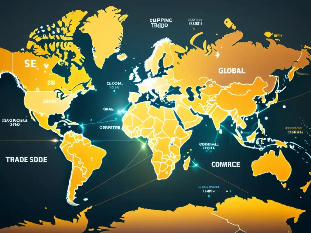 Mapa mundial en tonos tierra con rutas de envío resaltadas y gráficos transparentes de comercio electrónico transfronterizo