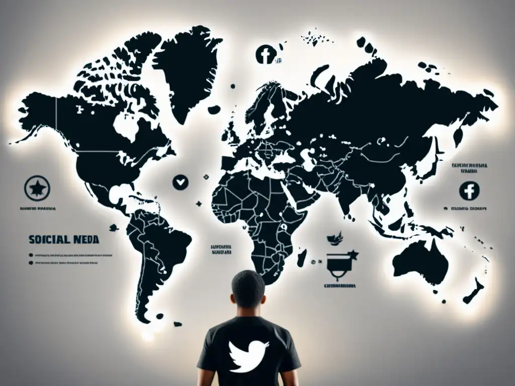 Mapa del mundo en blanco y negro con íconos de redes sociales, representando la globalización de marca en redes sociales para el comercio electrónico