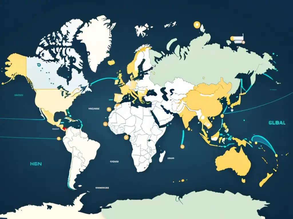 Mapa del mundo con centros de comercio electrónico resaltados y rutas comerciales clave