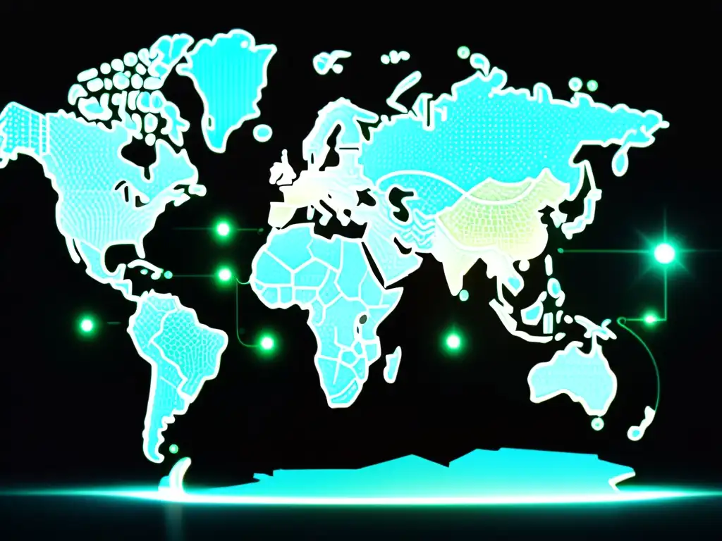 Mapa del mundo en circuitos digitales con nodos brillantes representando mercados globales