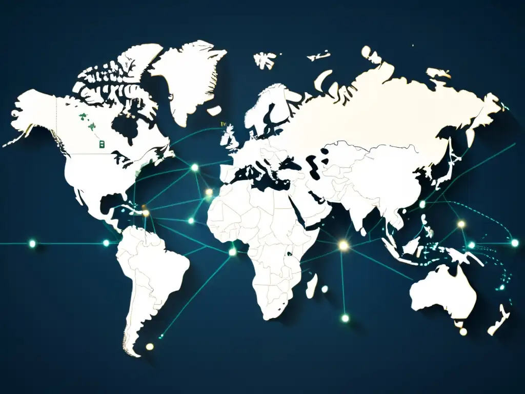 Mapa del mundo en colores profundos con líneas de comercio, símbolos de ecommerce y conexión global