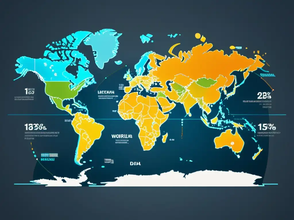 Mapa del mundo con datos de marketing digital y gráficos, representando la expansión internacional